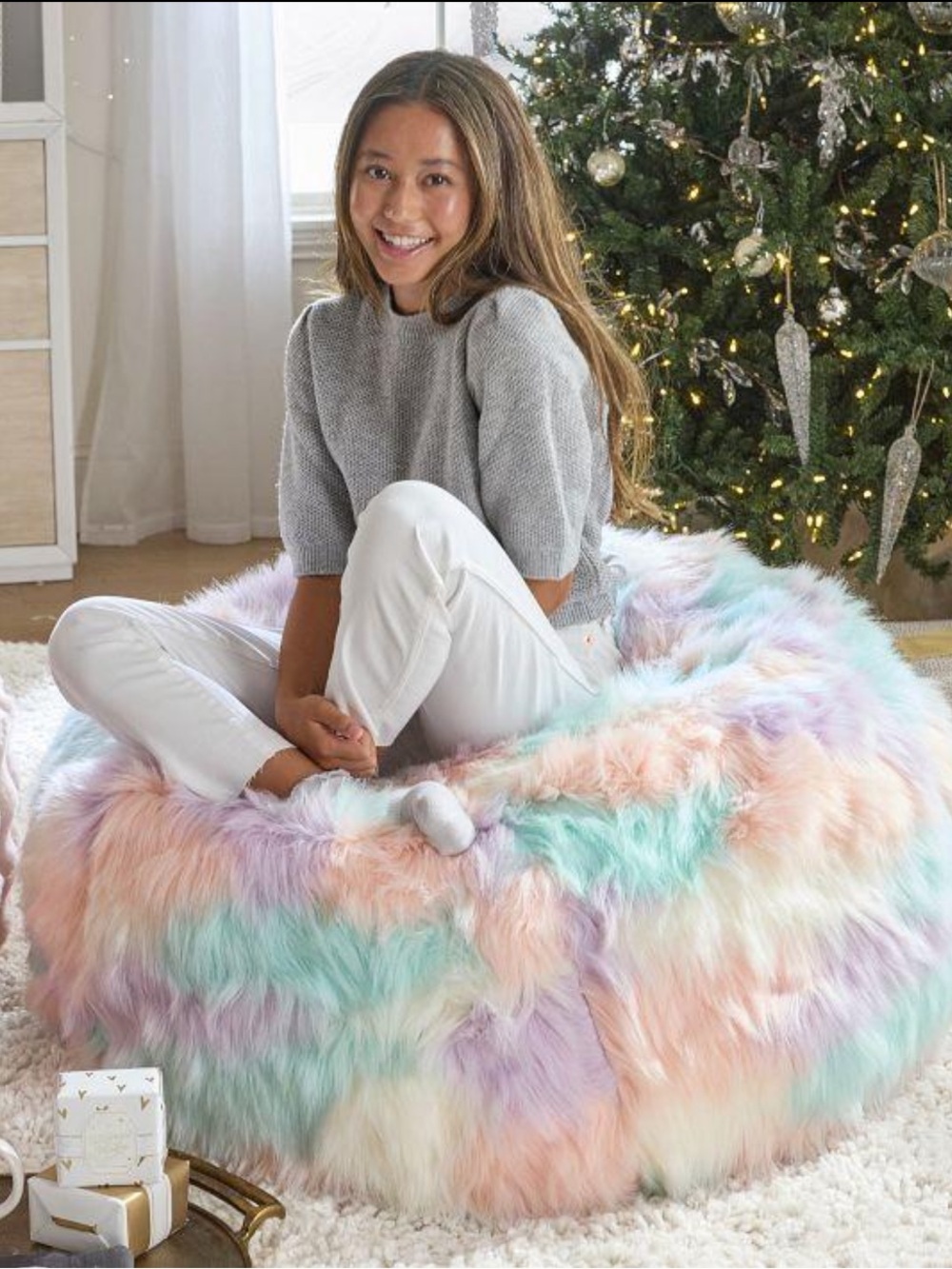 Pottery Barn Teen Multicolor Pastel Faux Fur Bean Bag Chair Cover